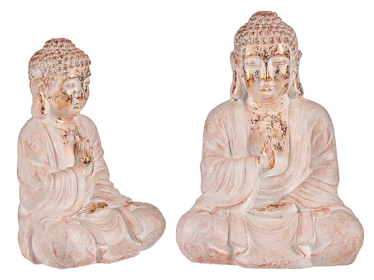 buddha in poliresina in preghiera bianco e oro