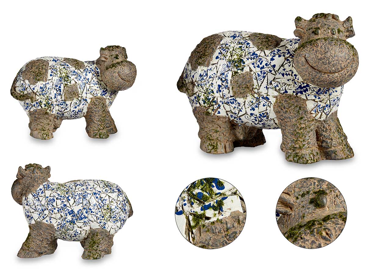statuetta di mucca in poliresina mosaico blu