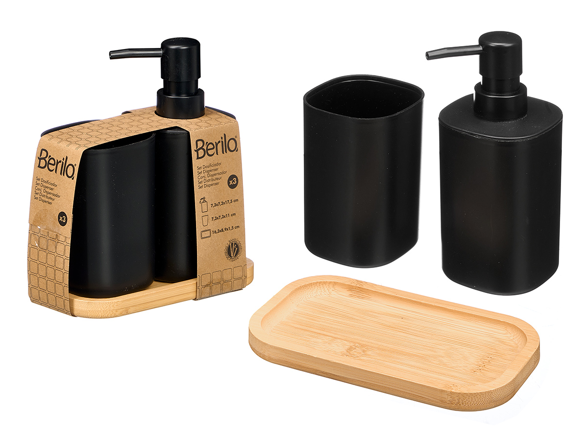 set dispenser con tazza con base in bambù nero