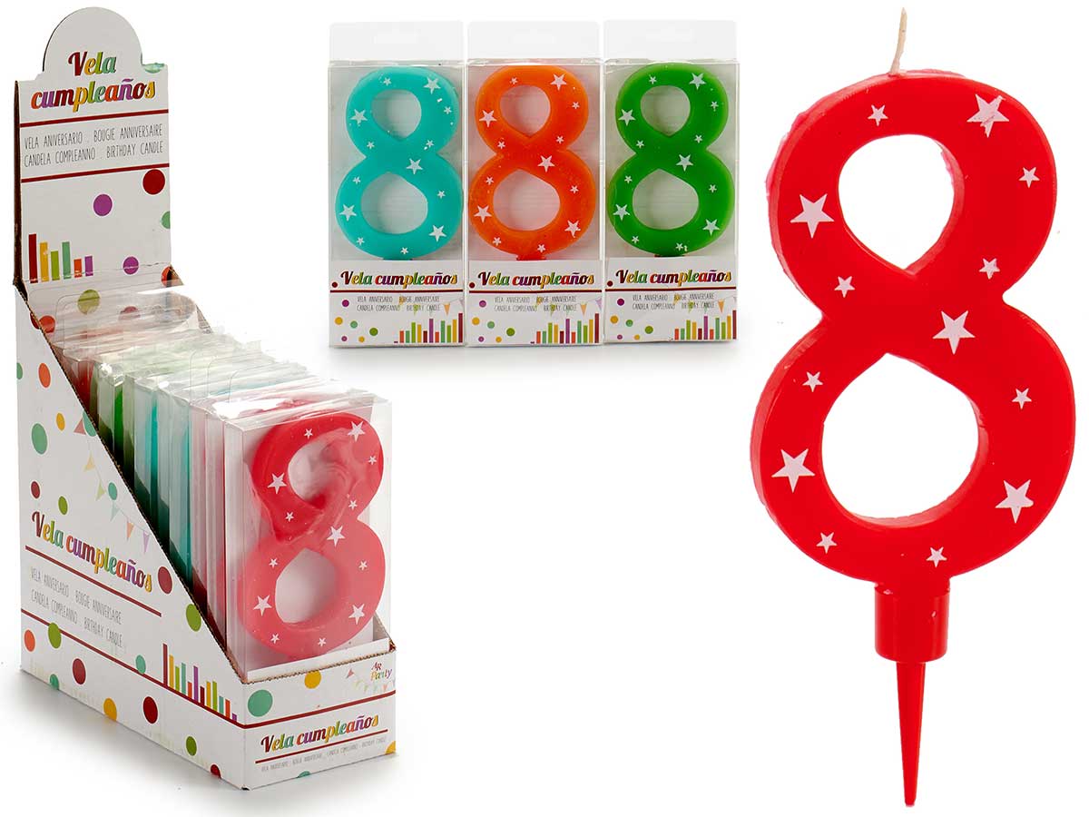 candela di compleanno numeri grandi 8, colori 4 vo
