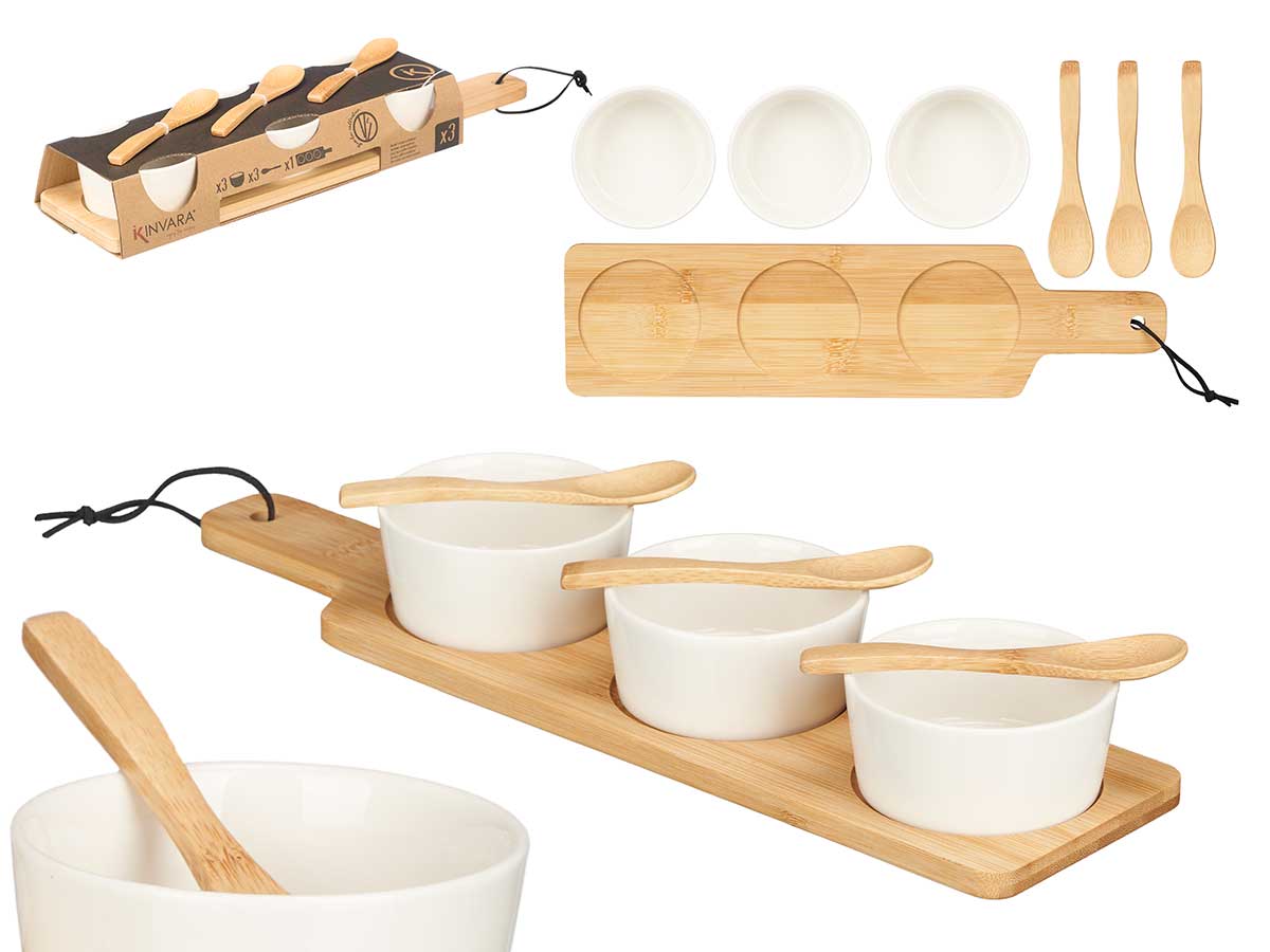 set 3 ciotole in ceramica bianca, cucchiaio e vass
