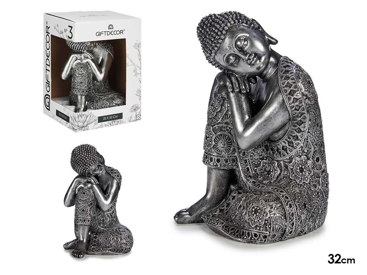 Buddha seduto laterale in resina argento grande 2s