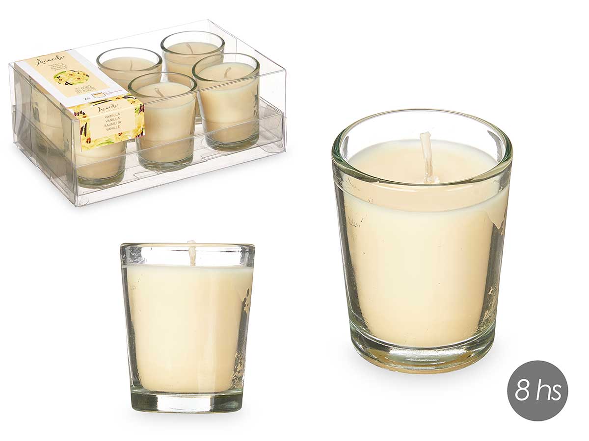 set 6 candele in vetro alla vaniglia